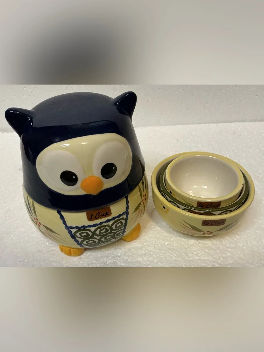 Temp-tations Old World Owl Nesting Ceramic Measuring Cup Set Blue Ivory Cottage